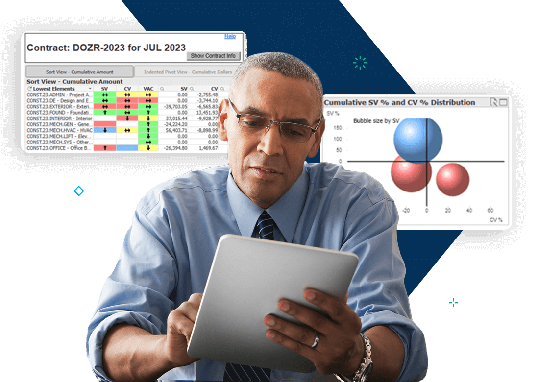 Project manager using Deltek wInsight Analytics Earned Value Analysis Software to review EV data, KPIs and performance forecasts on a tablet.
